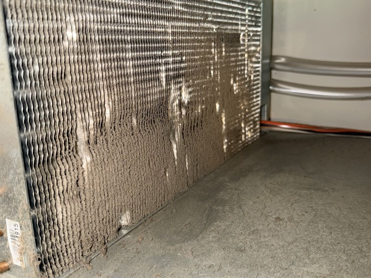 Condenser coil on a built-in refrigerator matted with dust and lint before cleaning