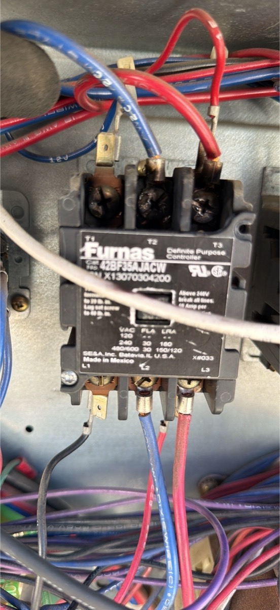 Furnas definite purpose contactor with badly burnt and pitted line terminals, removed from an air conditioning condensing unit