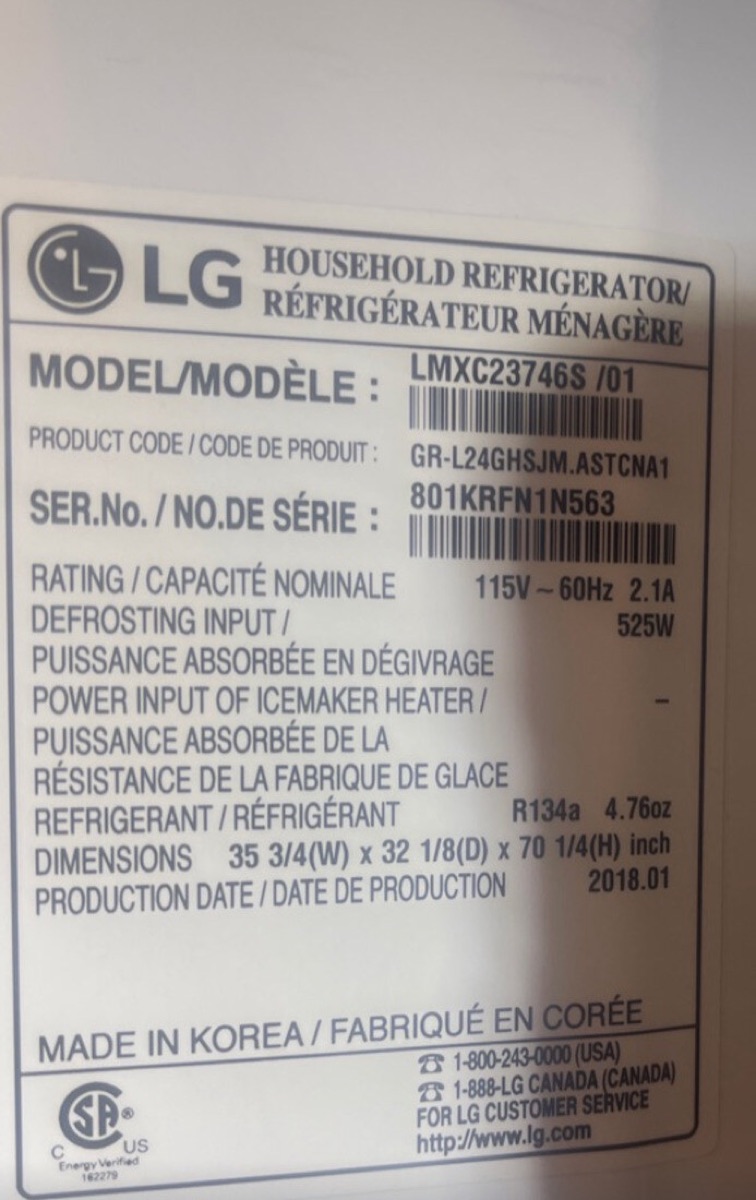 LG household refrigerator nameplate with model number, refrigerant type and electrical rating