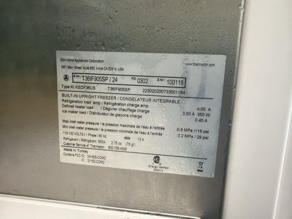 Thermador built-in upright freezer data plate, model T36IF905SP
