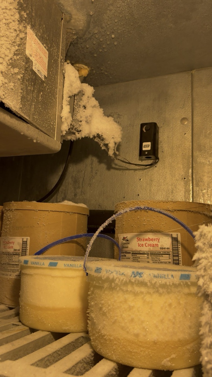Walk-in freezer evaporator iced over with frost on the stored product below
